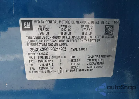 2015 Chevrolet Silverado 1500 2Lz from USA, damaged, VIN 3GCUKSEC5FG214982